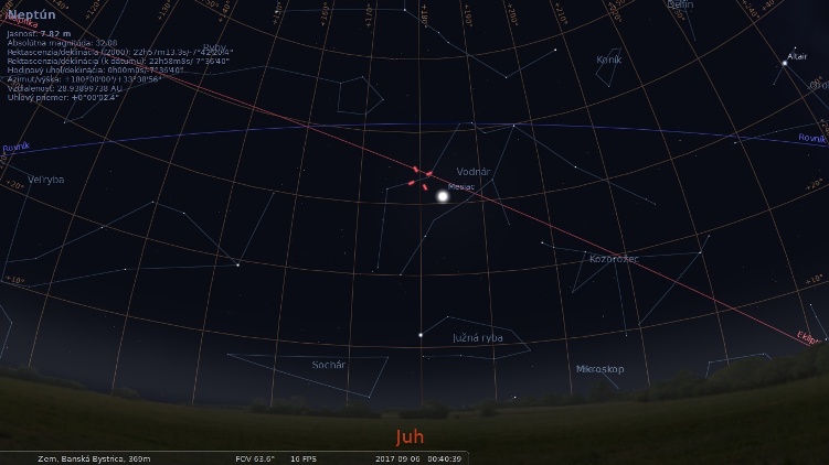 Obrázok č. 1 – Kulminácia planéty Neptún v programe Stellarium dňa 6. 9. 2017 o 00:40:39 hod. (LSEČ), počítaná pre lokalitu Banská Bystrica. 