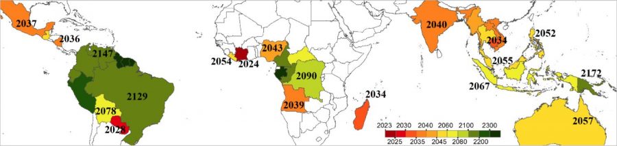 Mapa ukazuje predpokladaný rok zániku dažďových pralesov na celom svete