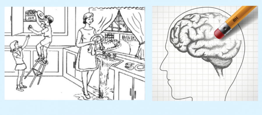 Vľavo: Obrázok, ktorý sa používa pri diagnostike Alzheimera. Zdroj: The Lancet Vpravo: Ilustrácia približuje -vymazávanie" pamäti spojené s touto chorobou. Zdroj: Johns Hopkins Medicine
