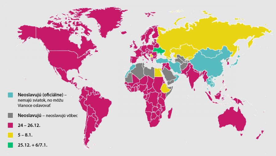 Mapa sveta s farebne vyznačenými krajinami podľa slávenia Vianoc. Zdroj: iStockphoto.com