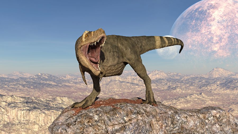 3D ilustrácia Tyronaurusa Rexa kráčajúceho po skalnatej krajine. Zdroj: iStockphoto.com