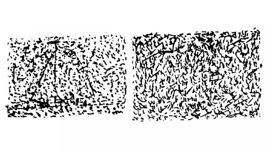 Ilustrácia. Väčšina ľudí rozozná skrytú loďku v obrázku vľavo. Dokážete nájsť skrytú postavu na obrázku vpravo? Ľudia, ktorí sa ocitnú v situácii, v ktorej sa cítia bez kontroly, s vyššou pravdepodobnosťou vidia vzorec v tejto náhodnej sérii čiarok. Ilustrácia Science/J. A. Whitsonová, A. D. Galinsky (2008)