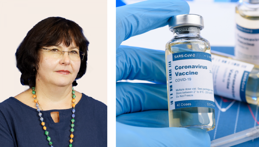 Naľavo: Rndr. Tatiana Betakova, DrSc. Napravo: Ilustračné foto vakcíny. Zdroj: iStockphoto.com