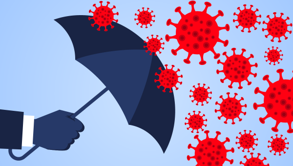 Ilustrácia ruky s dáždnikom ktorá sa chráni proti koronavírusu. Zdroj: iStockphoto.com