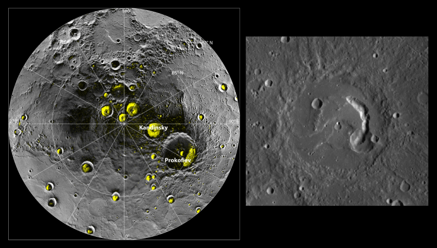 Vľavo - Merkúr - Severný pól s ľadom, vpravo: Kráter Picasso.