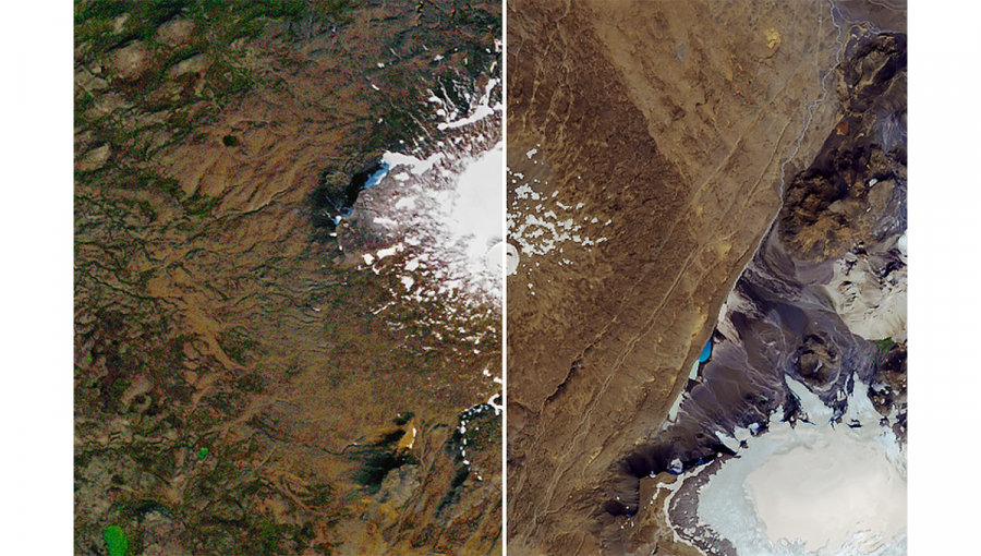 Snímky ľadovca Okjökull (Ok) zo 14. septembra 1986 (vľavo) a 1. augusta 2019, foto NASA Earth Observatory images/Joshua Stevens