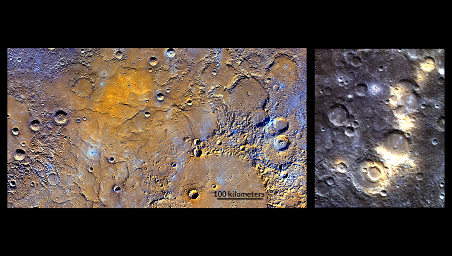 Vľavo povrch Merkúra, vpravo detail sopiek.