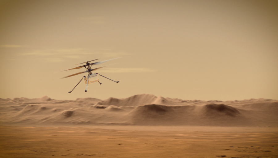 Vizualizácia letu helikoptéry Ingenuity na Marse.