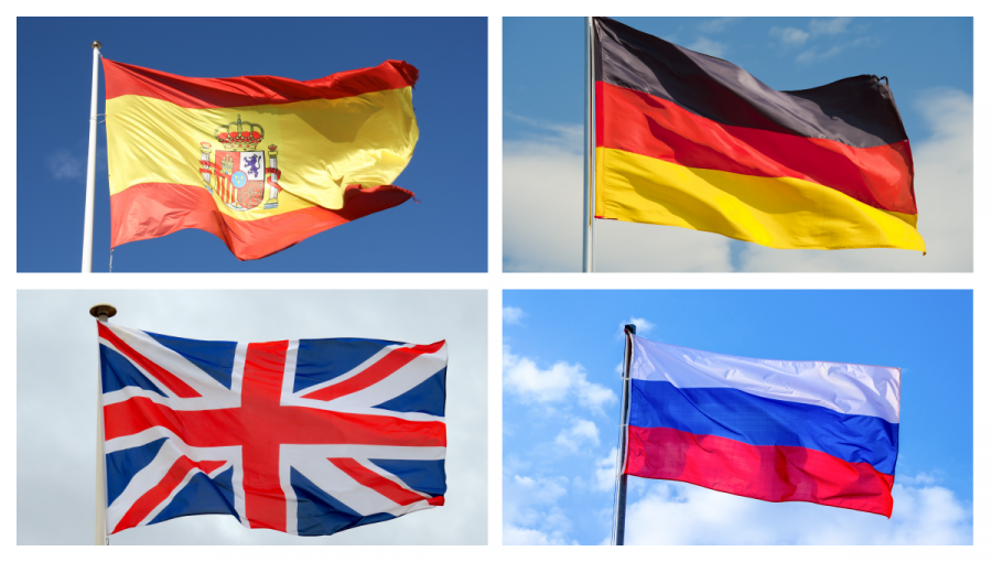 Vlajky Španielska, Nemecka, Anglicka a Ruska. Zdroj: iStockphoto.com