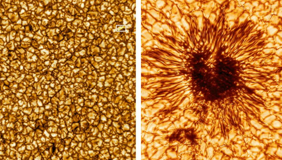 Vľavo: Slnečná granulácia na povrchu Slnka fotografovaná najväčším slnečným ďalekohľadom na svete DKIST s priemerom zrkadla 4m, vybudovanom na Havaji v r. 2020. Obrázok pokrýva oblasť na Slnku 36 500 × 36 500 km. V bielom rámiku je pre porovnanie ukázaná veľkosť Slovenskej republiky. Vpravo: Unikátny obrázok slnečnej škvrny (koncentrovaného magnetického poľa) vo veľmi veľkom rozlíšení, nasnímaný ďalekohľadom DKIST. Kredit: NSO/AURA/NSF