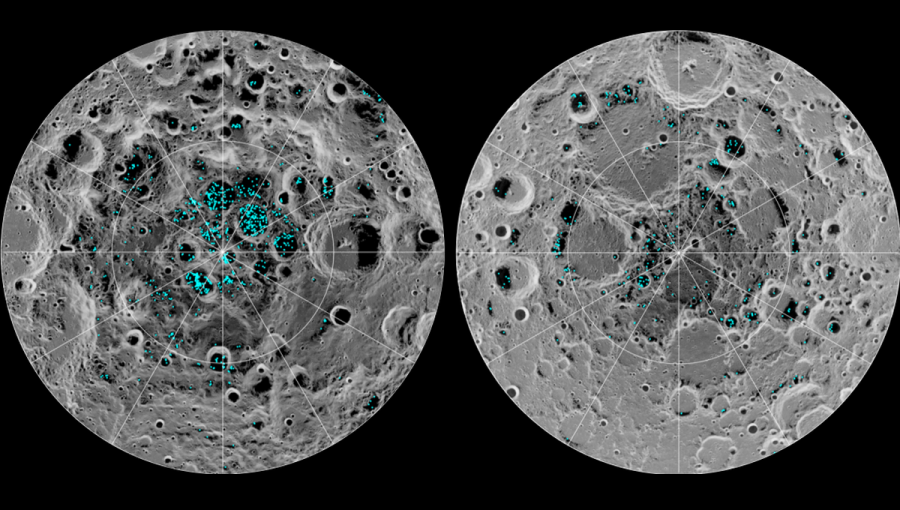 Tyrkysové škvrny ukazujú, kde sa na Mesiaci nachádza ľad.