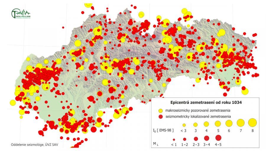 Na mape epicentier zemetrasení na Slovensku žlté krúžky zodpovedajú zemetraseniam, ktoré mali makroseizmické účinky (t. j. účinky na ľudí, predmety, stavby a prírodu), a červené krúžky mikrozemetraseniam, ktoré boli zaznamenané len seizmickými stanicami. Zdroj: prof. Peter Moczo