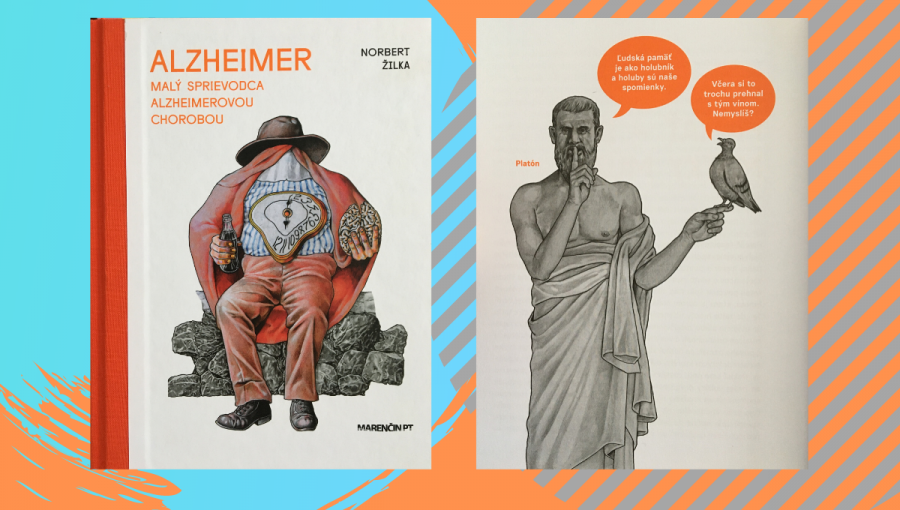 Obálka knihy Alzheime; Malý sprievodca Alzheimerovou chorobu a ilustrácia Platóna s holubom. Grafika: CVTI SR