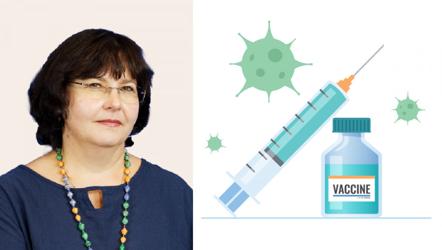 Naľavo: RNDr. Tatiana Betáková, DrSc. Napravo: Ilustrácia vakcíny. Zdroj: iStockphoto.com