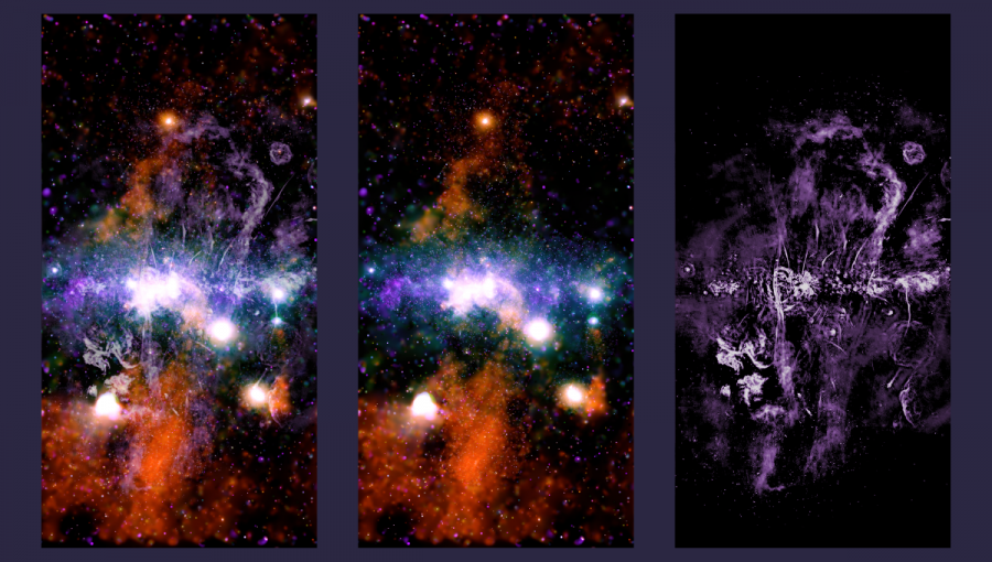 Fotografie stredu Mliečnej cesty v rôznych svetelných spektrách.