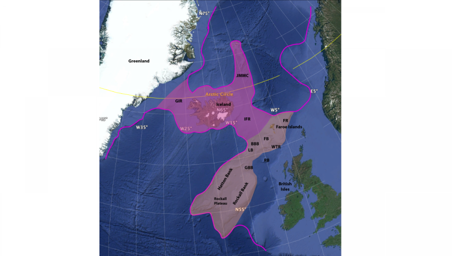 Mapa ukazuje umiestnenie Islandie (purpurová) a Väčšej Islandie (šedo-purpurová) v Atlantickom oceáne.