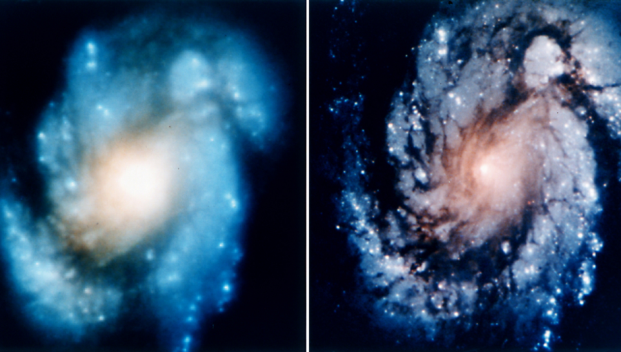 Galaxia M100 pred a po prvej servisnej misii, ktorá nainštalovala korekčný mechanizmus.