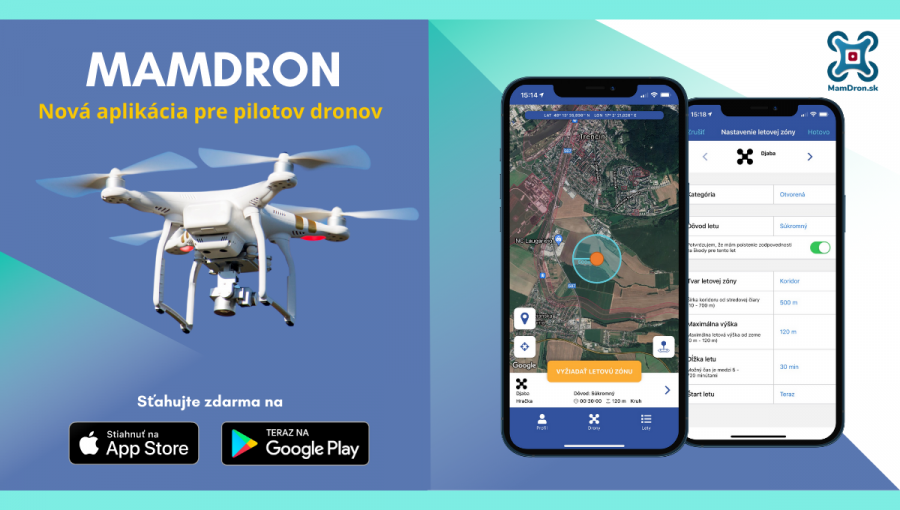 Banner k aplikácii MamDron_Vľavo je dron, v pravo pohľad na aplikáciu cez obrazovku mobilu. Zdroj: OZ MamDron