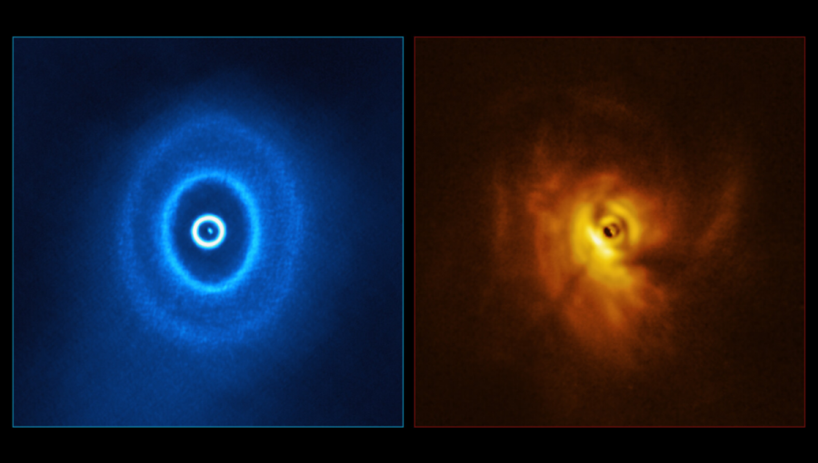 Záber vľavo vznikol z pri pozorovaní sústavou teleskopov ALMA a ukazuje prstence v disku. Záber vpravo zas vznikol vďaka Veľmi veľkému teleskopu a ukazuje tieň, ktorý vrhá vychýlený prstenec v strede na disk. Vďaka tomu vznikol model sústavy. Zdroj: ALMA (ESO/NAOJ/NRAO)/ESO/Exeter/Kraus et al.