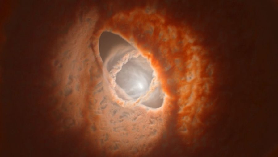 Umelecká predstava o centre sústavy GW Orionis, v ktorej môže jedna planéta obiehať tri hviezdy. Zdroj: ESO