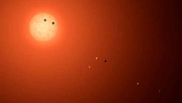 Umelecká predstava o sústave TRAPPIST-1 so siedmimi planétami. Keď planéta prejde pred svojou hviezdou, zablokuje časť sveta, čo astronómovia vedia odmerať a zistiť prítomnosť telesa. Zdroj: NASA