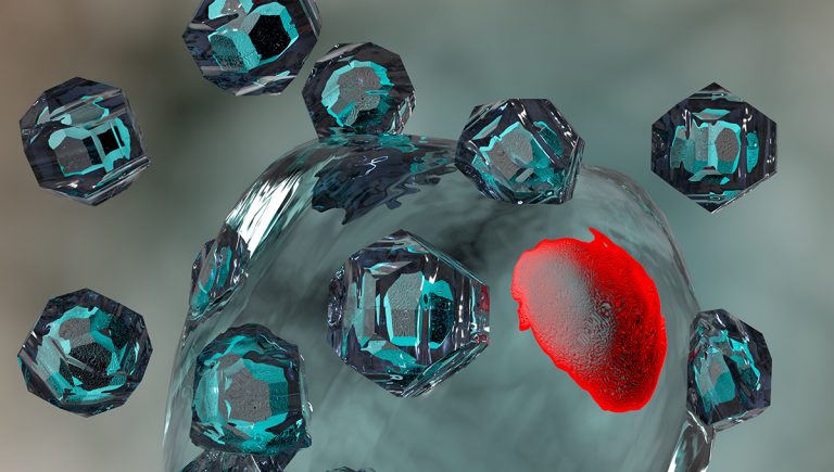 Ilustrácia nanočastíc v ľudskej bunke. Génová terapia. Zdroj: iStockphoto.com.