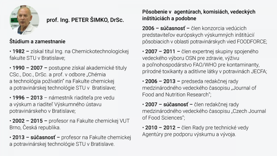 Vizitka prof. Ing. Petra Šimka, DrSc. - štúdium a zamestnanie (vľavo), Pôsobenie v agentúrach, komisiách, vedeckých inštitúciách a podobne (vpravo).