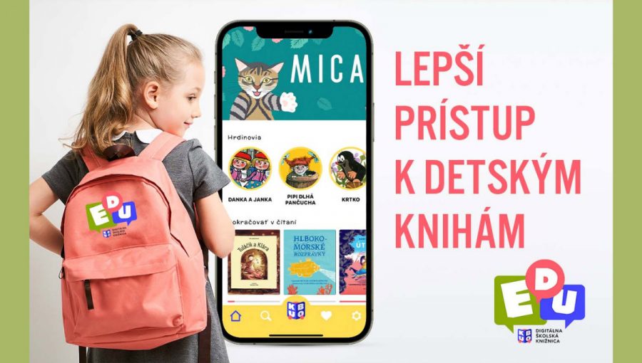 Pohľad na školáčku s batohom a aplikáciu digitálnej knižnice KUBO na obrazovke mobilu Zdroj: Kubomedia