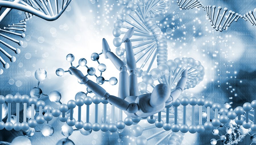 Bábka na štylizovanom pozadí z DNA. Zdroj: iStockphoto.com
