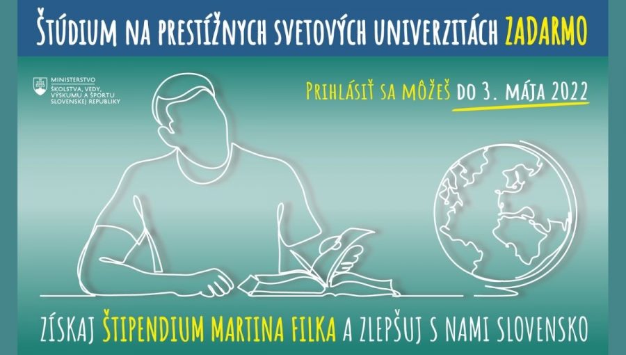 Banner k Štipendiu Martina Filka_kresba siluety muža, ktorý číta knihu a zemegule. Zdroj: MŠVVaŠ