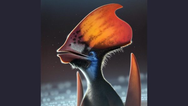 Umelecká predstava opereného pterosaura Tupandactylusa zobrazuje typy peria aké mal pozdĺž spodnej časti hrebeňa hlavy: tmavé monofily a svetlejšie rozvetvené perá. © Nicholls 2022 Copyright Bob Nicholls