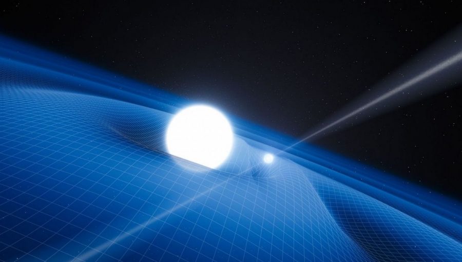 Neutronová hviezda (vpravo) v gravitačnom poli (sieť) interaguje s neďalekou hviezdou, čo umožňuje lepšie určit vlastnosti neutrónovej hviezdy vrátane jej „obezity“. Umelecká grafika: ESOL/Calçada. Zdroj: SLU.jpg