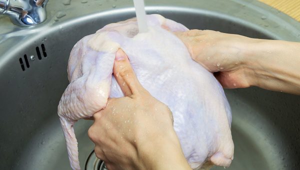 Žena umýva surové kurča v umývadle. Zdroj: iStockphoto.com