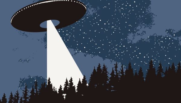 Ilustračná grafika UFO sa vznáša nad lesom.