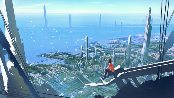 Pohľad z výšky na chlapca sediaceho na kraji budovy, pozerajúceho sa na futuristické mesto. Zdroj: iStockphoto.com