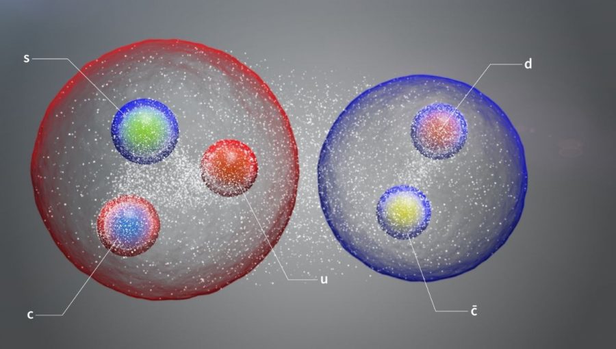 Nový pentakvark, ktorý je tu znázornený ako pár štandardných hadrónov voľne viazaných v štruktúre podobnej molekule, sa skladá z pôvabného kvarku a pôvabného antikvarku a ďalších troch kvarkov: horného, dolného a podivného. Zdroj: CERN
