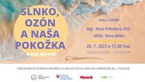 Banner k podujatiu Vedecká kaviareň na tému Slnko, ozón a naša pokožka. Prednášajúce: Mgr. Anna Pribullová, PhD. a MUDr. Petra Milko.