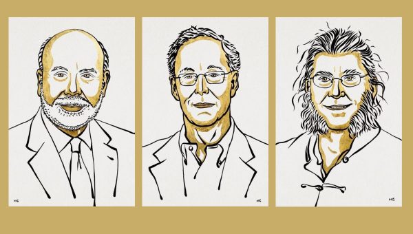 Ben Bernanke, Douglas Diamond a Philip Dybvig. Ilustrácia: Niklas Elmehed. Zdroj: ©Nobel Prize Outreach