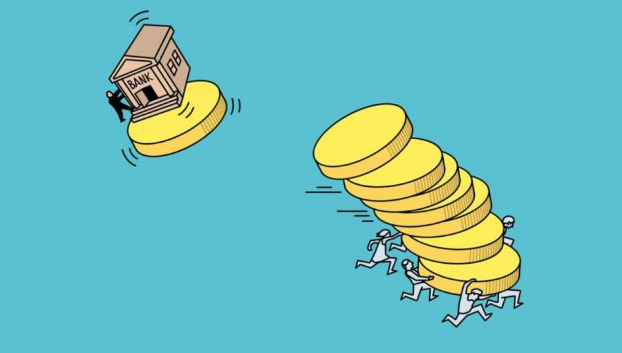 Obrázok ilustruje krach bank a ľudí, ktorí z nej utekajú s peniazmi. Ilustrácia: Johan Jarnestad. Zdroj: Kráľovská švédska akadémia vied.