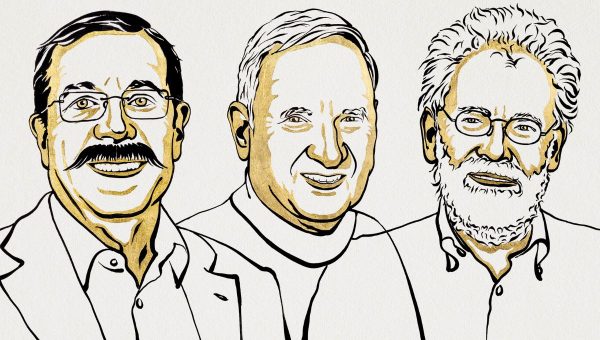 Nositelia Nobelovej ceny za fyziku 2022: Alain Aspect, John F. Clauser, Anton Zeilinger. Ilustrácia: Niklas Elmehed. Zdroj: © Nobel Prize Outreach