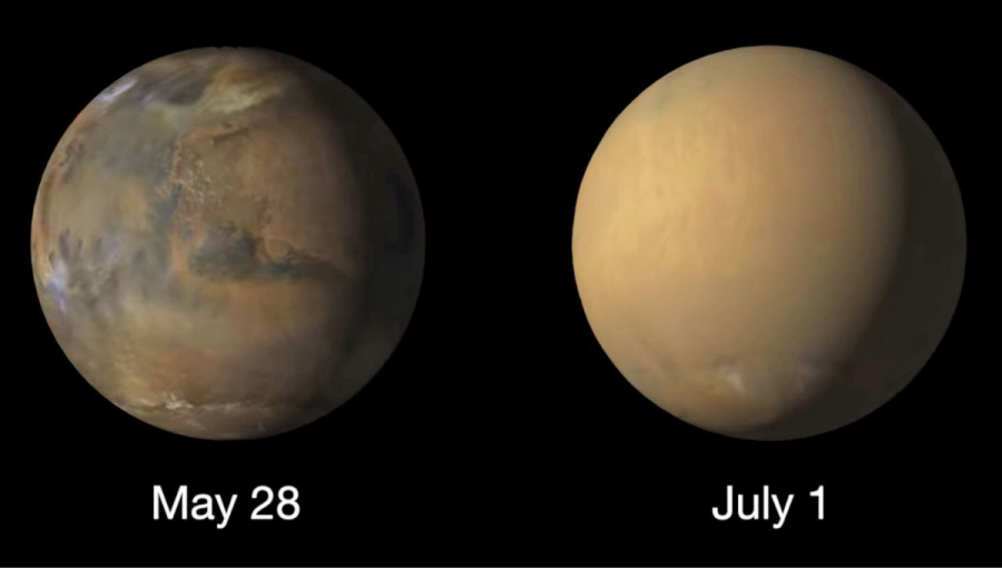 Celoplanetárna prachová búrka úplne zakryla povrch Marsu. Obrázky z 28. mája a 1. júla 2018. Zdroj: NASA