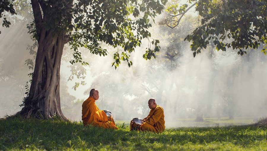 Dvaja budhistickí mnísi meditujúci pod stromom. Zdroj: iStockphoto.com