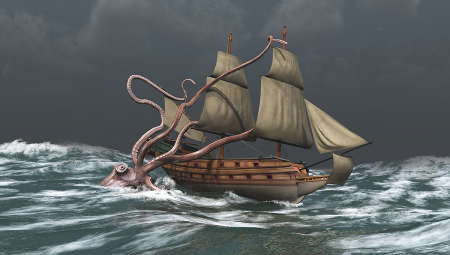 Kraken útočiaci na starú loď. Zdroj: iStockphoto.com