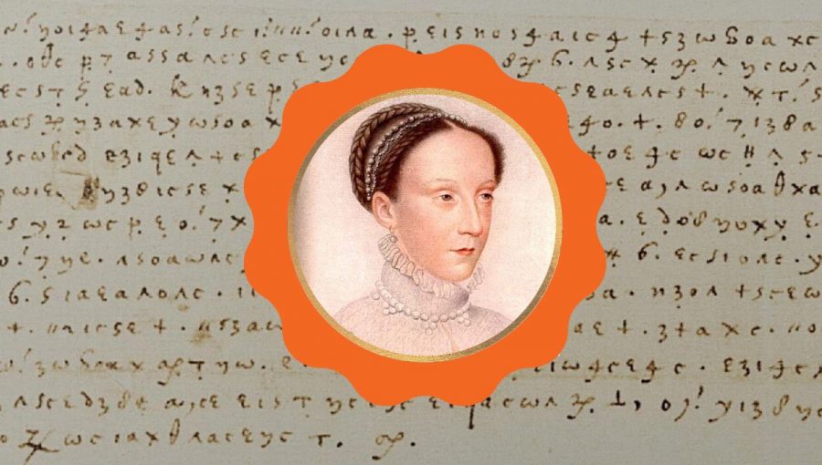 Portrét Márie Stuartovej na pozadí jej šifrovaného listu. Zdroje: Wikimedia Commons; tandfonline.com