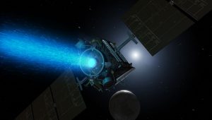 Umelecká predstava sondy Down vyžarujúcej modré svetlo. Zdroj: NASA