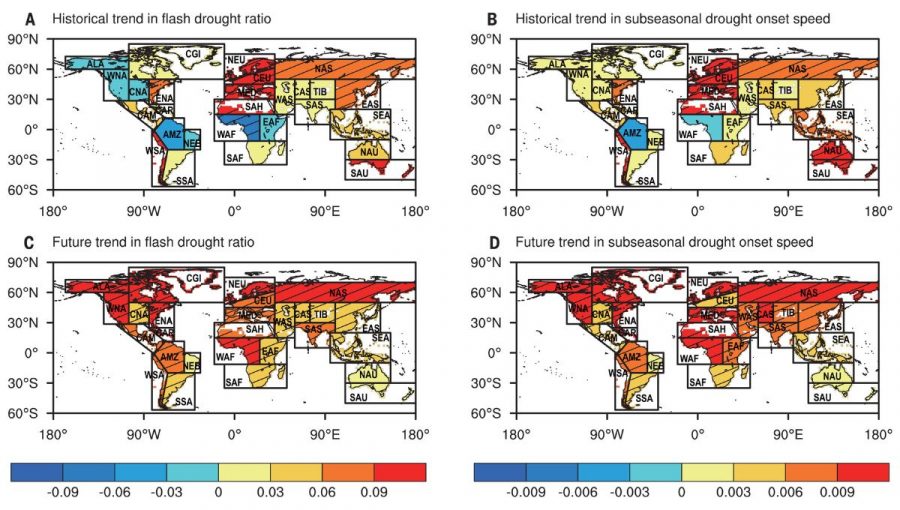Obr. 2: Vývoj pomeru bleskového sucha voči klasickému suchu v období 1951 až 2014 na základe troch globálnych metód (v % za rok): (A) vývoj rýchlosti nástupu klasického sucha v období 1951 až 2014 (v % za rok), (B) prognóza vývoja pomeru sucha, (C) vývoj rýchlosti nástupu klasického sucha (v % za rok) a (D) pre obdobie 2015 až 2100 pre stredný emisný scenár. Rýchlosť nástupu sucha je definovaná ako zmena pätice kritických hodnôt vlhkosti pôdy v čase a bleskové sucho je definované prekročením kritickej rýchlosti poklesu vlhkosti pôdy.