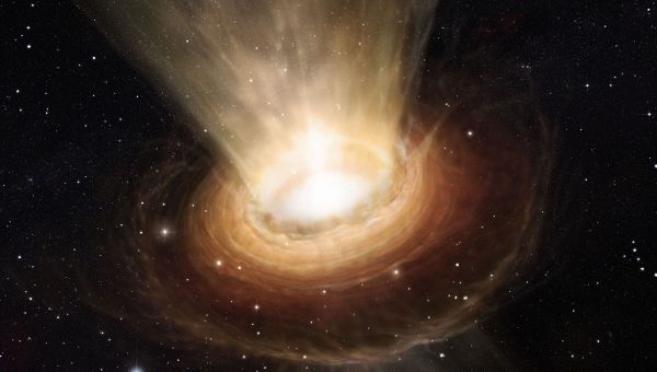 Umelecká predstava superhmotnej čiernej diery v centre galaxie NGC 3783. Vnútorný akrečný disk obklopuje vonkajší slabší prstenec hmoty. Zdroj: ESO/M. Kornmesser.