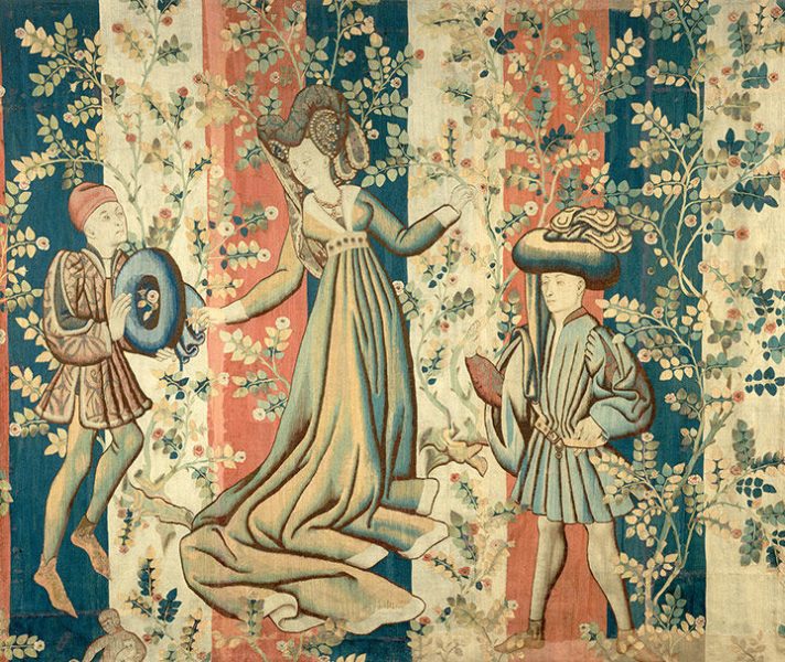 Dvorania v ružovej záhrade: Dáma a dvaja páni, 1440–50, Južné Holandsko. Zdroj: Metropolitan Museum of Art, New York