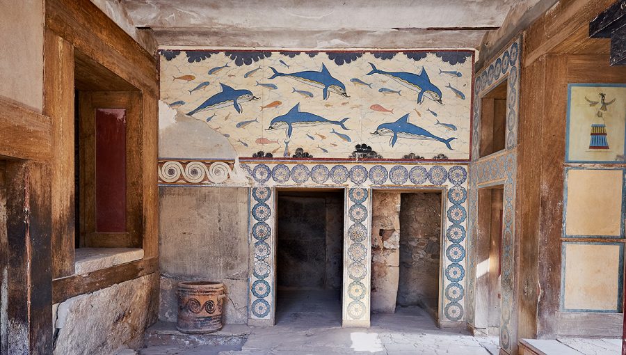 Freska s delfínmi v „Kráľovninom megaróne“ v paláci Knossos na Kréte. Zdroj: iStockphoto.com