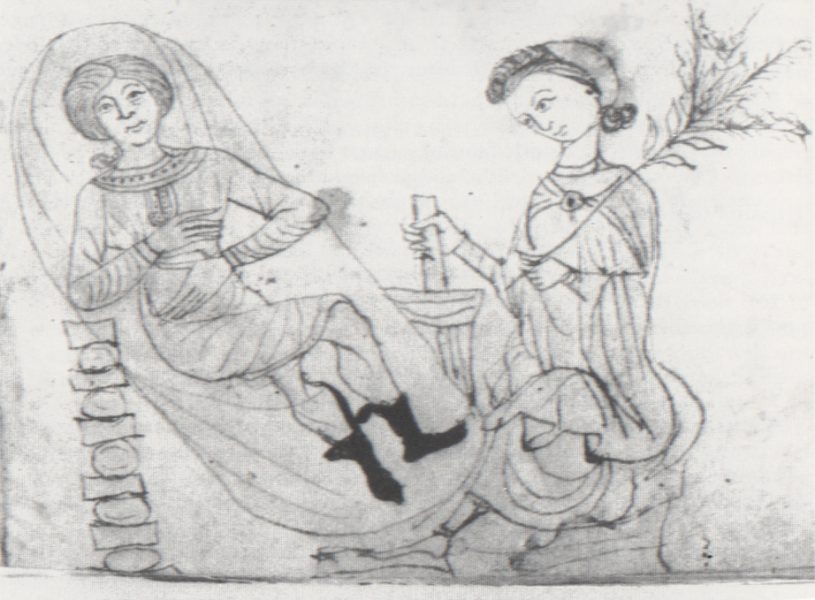 Obraz ženy z 13. storočia, ktorá pripravuje pomocou trecej misky a paličky zmes z mäty sivej pre tehotnú ženu. Zdroj: Wikimedia Commons
